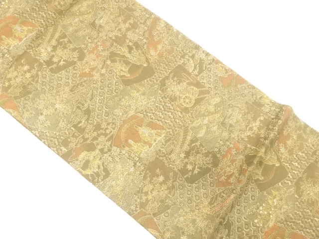 JAPANESE KIMONO / HIRAKI NAGOYA OBI / SILK / DYED / OSHIMA TSUMUGI / PEOPLE IN THE PAST & FLOWERS & CLASSICAL PATTERN